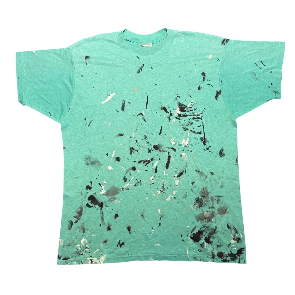 Vintage Teal Green Paint Splatter Pocket T-Shirt Large